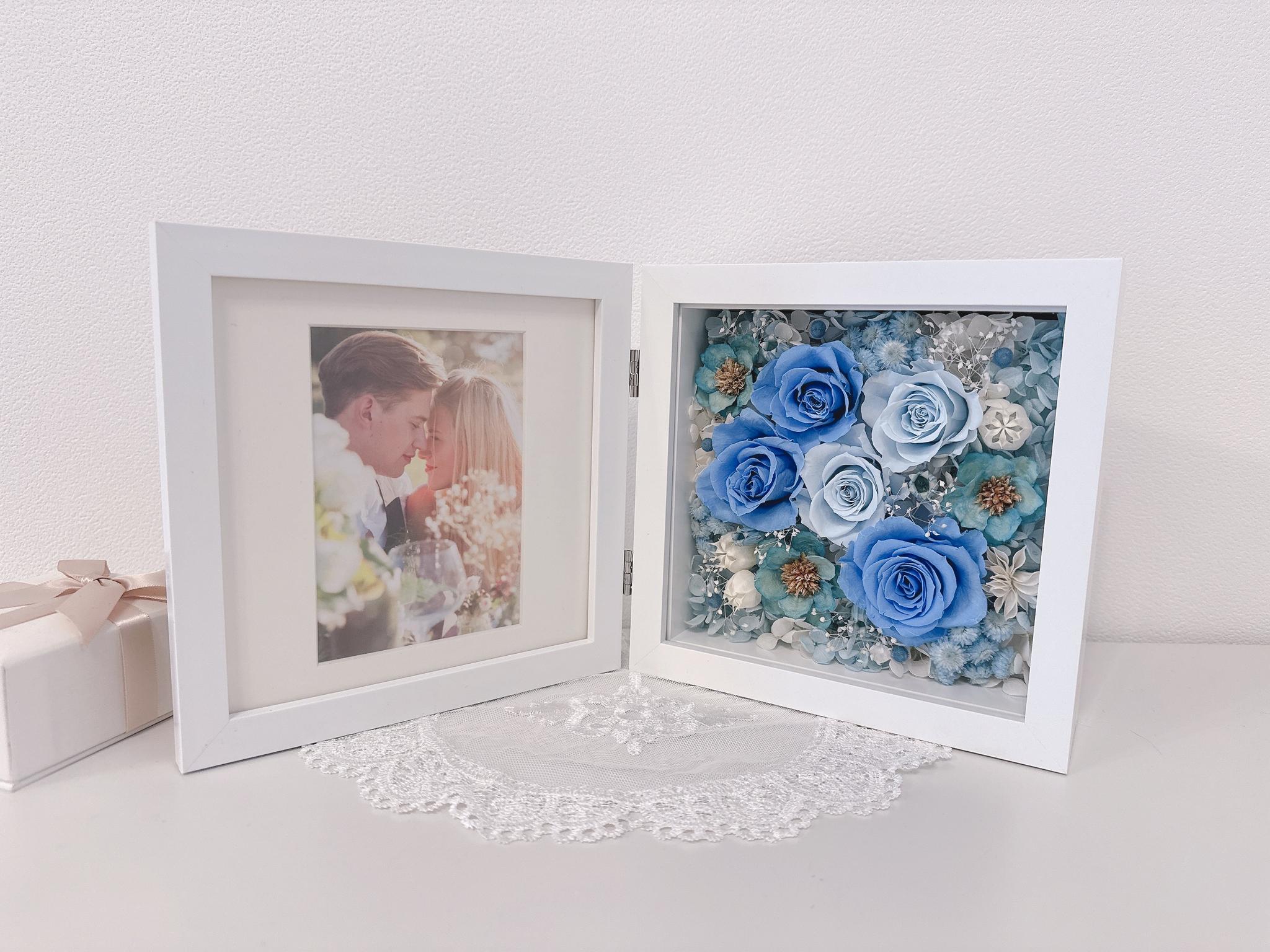 【出産祝い・男の子】フォトフレーム BOXアレンジ 写真立て バラ ブルー 青 結婚祝 誕生祝 記念日 ベビーギフト